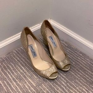 New Jimmy Choo Gold Glitter Wedge Heels - Size 7.5
